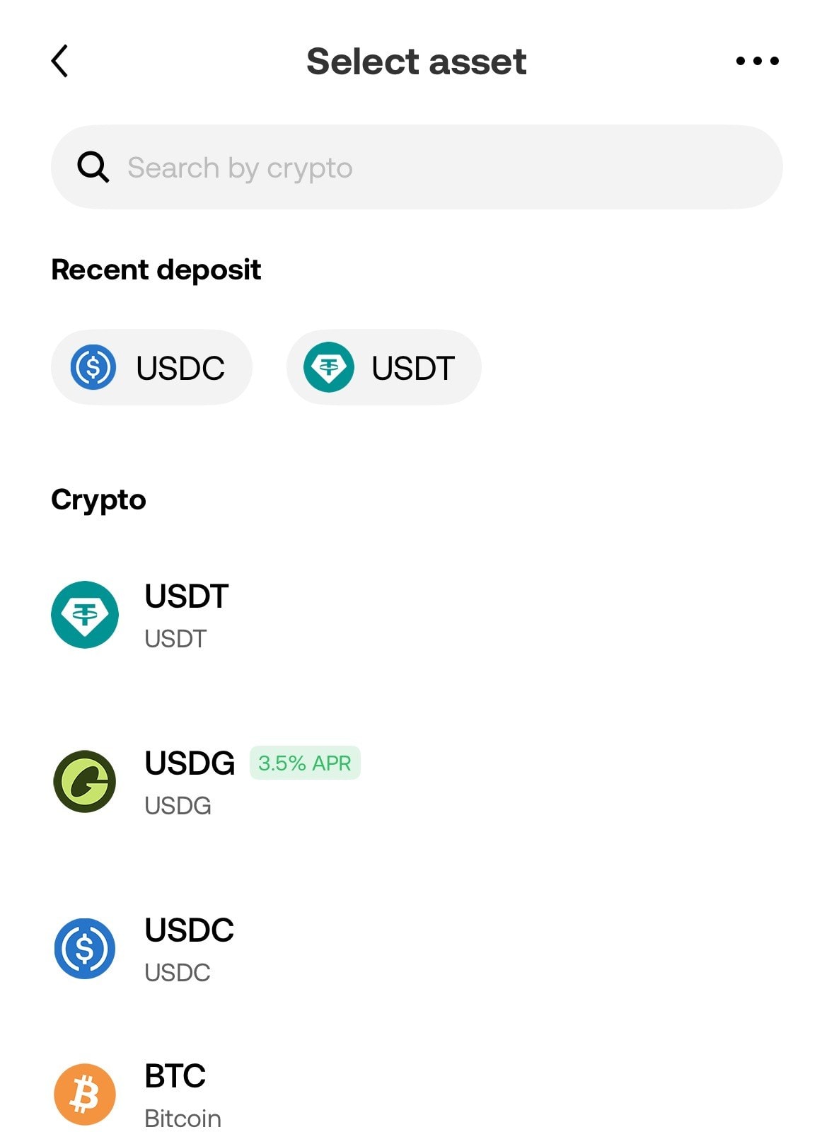 OKX 选择入金币种界面（USDT、USDC、BTC、ETH）