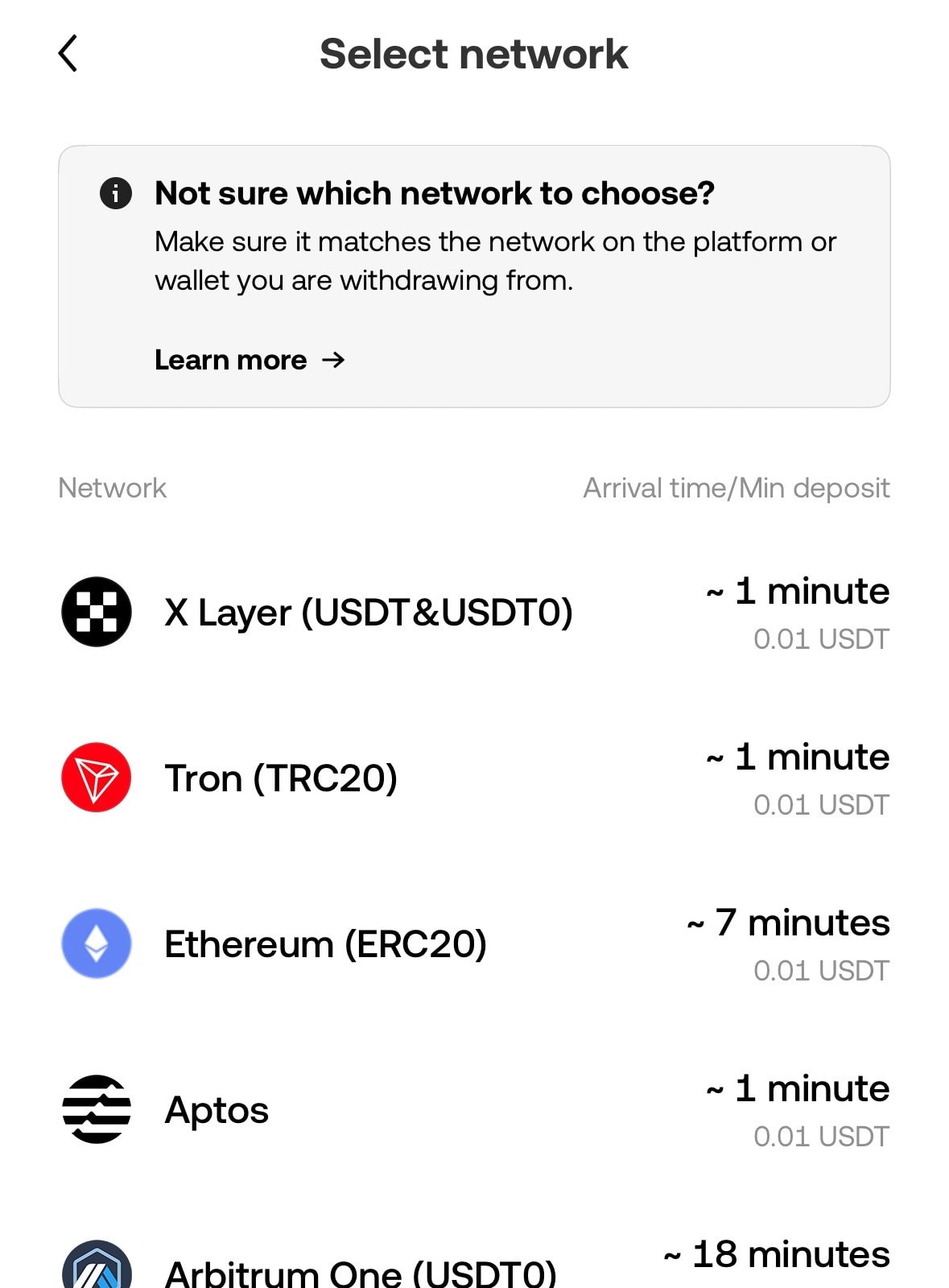 OKX 选择入金网络：TRC20、ERC20、Arbitrum 等多链支持